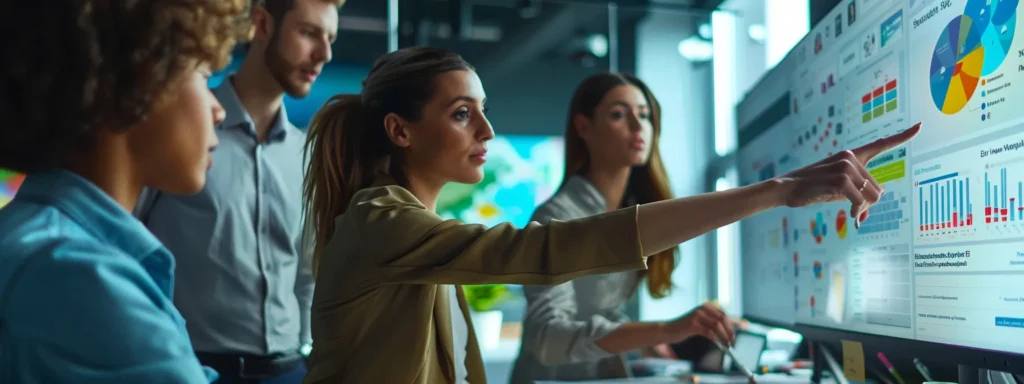 Business professionals analyzing graphs on a large screen, highlighting what sets Loopio apart in proposal management while considering a Loopio alternative.