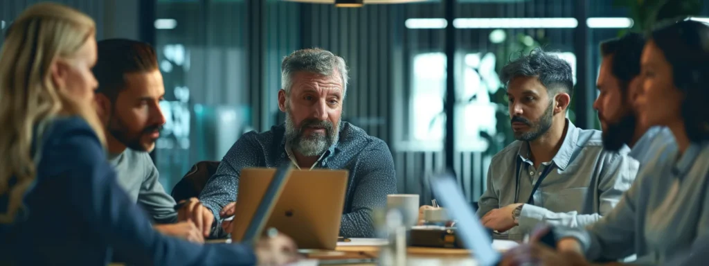 A team discussing proposal management software around a table, evaluating key features of Loopio vs. top competitors as they explore a Loopio alternative.